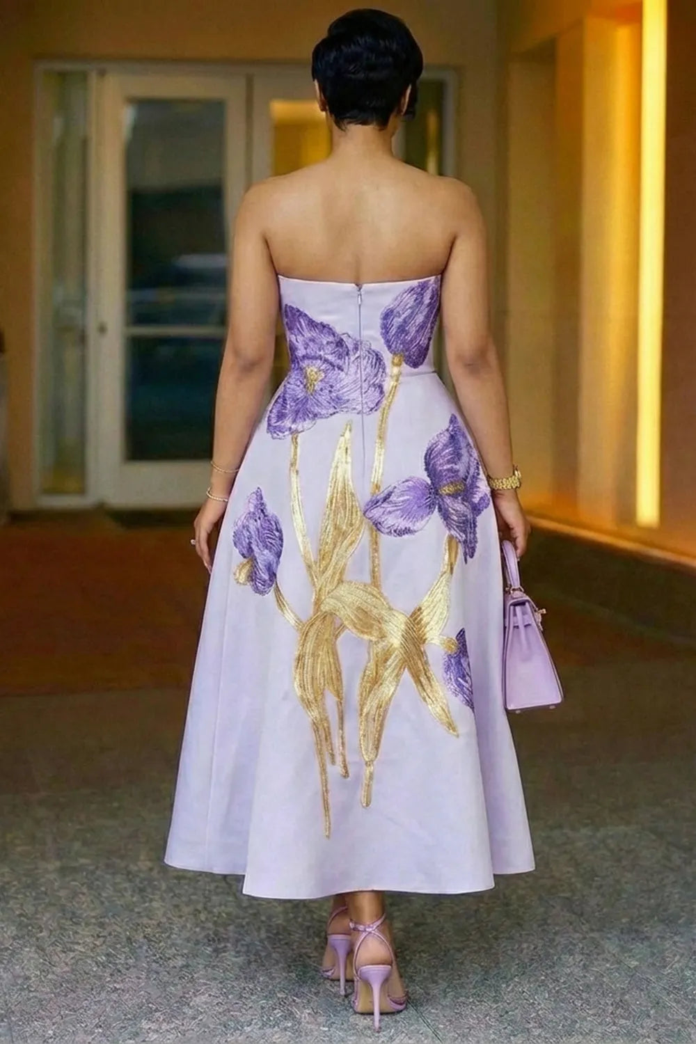 Strapless Flower Cinch Waist Loose Fit Party Maxi Dresses-Purple