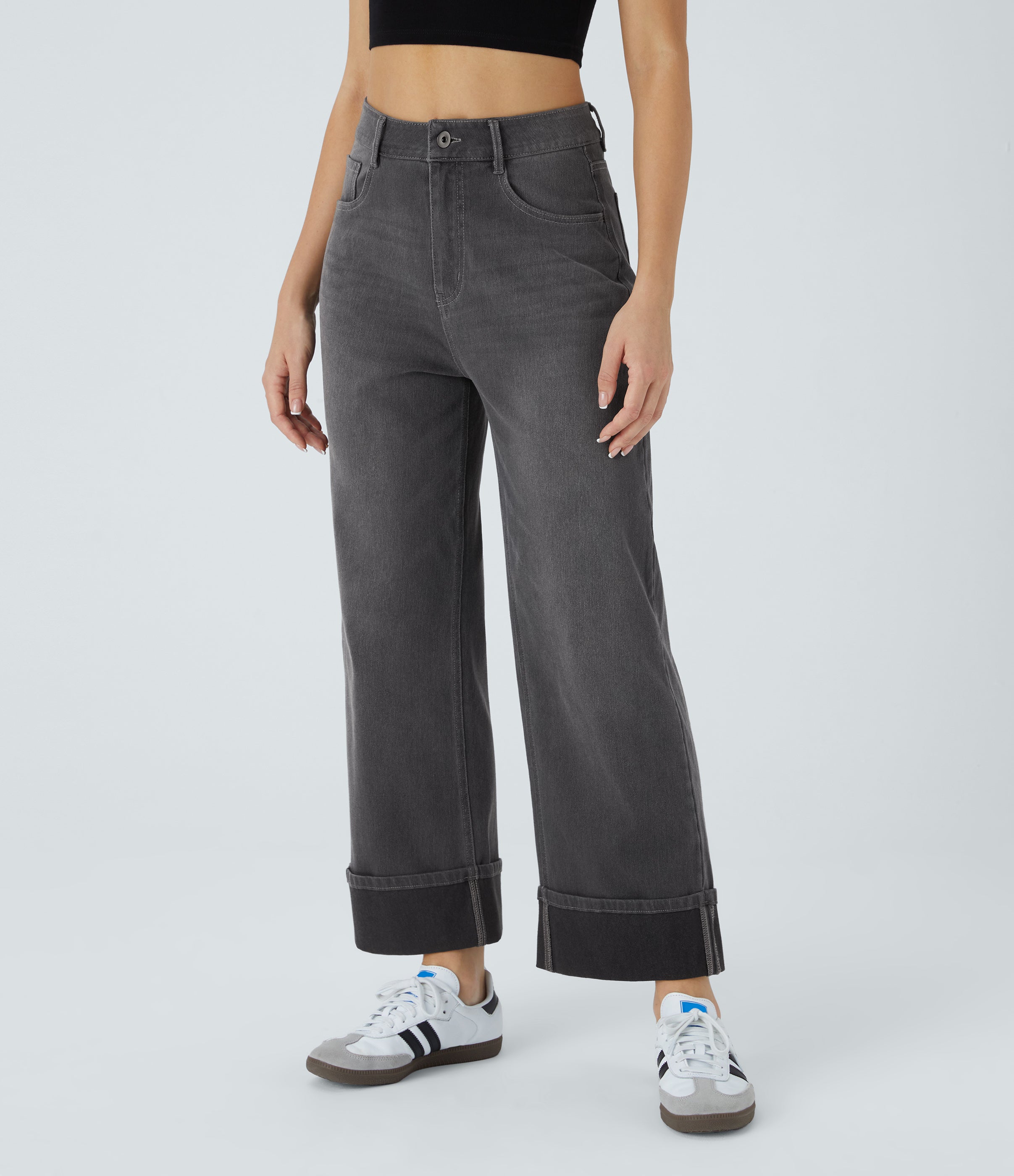FlexTM High Waisted Multiple Pockets Rolled Hem Wide Leg Washed Stretchy Knit Casual Jeans