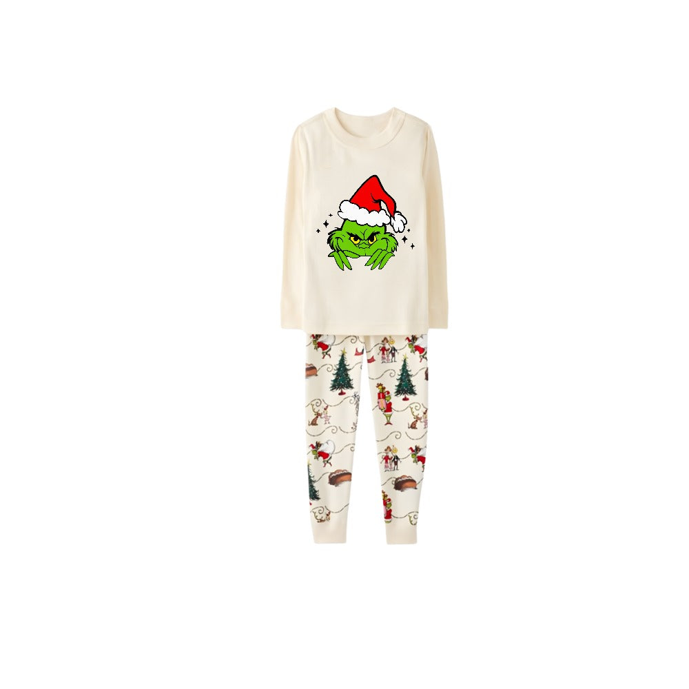 Beige Christmas Pattern Print Christmas Pajamas Set With Cute Grinch Print