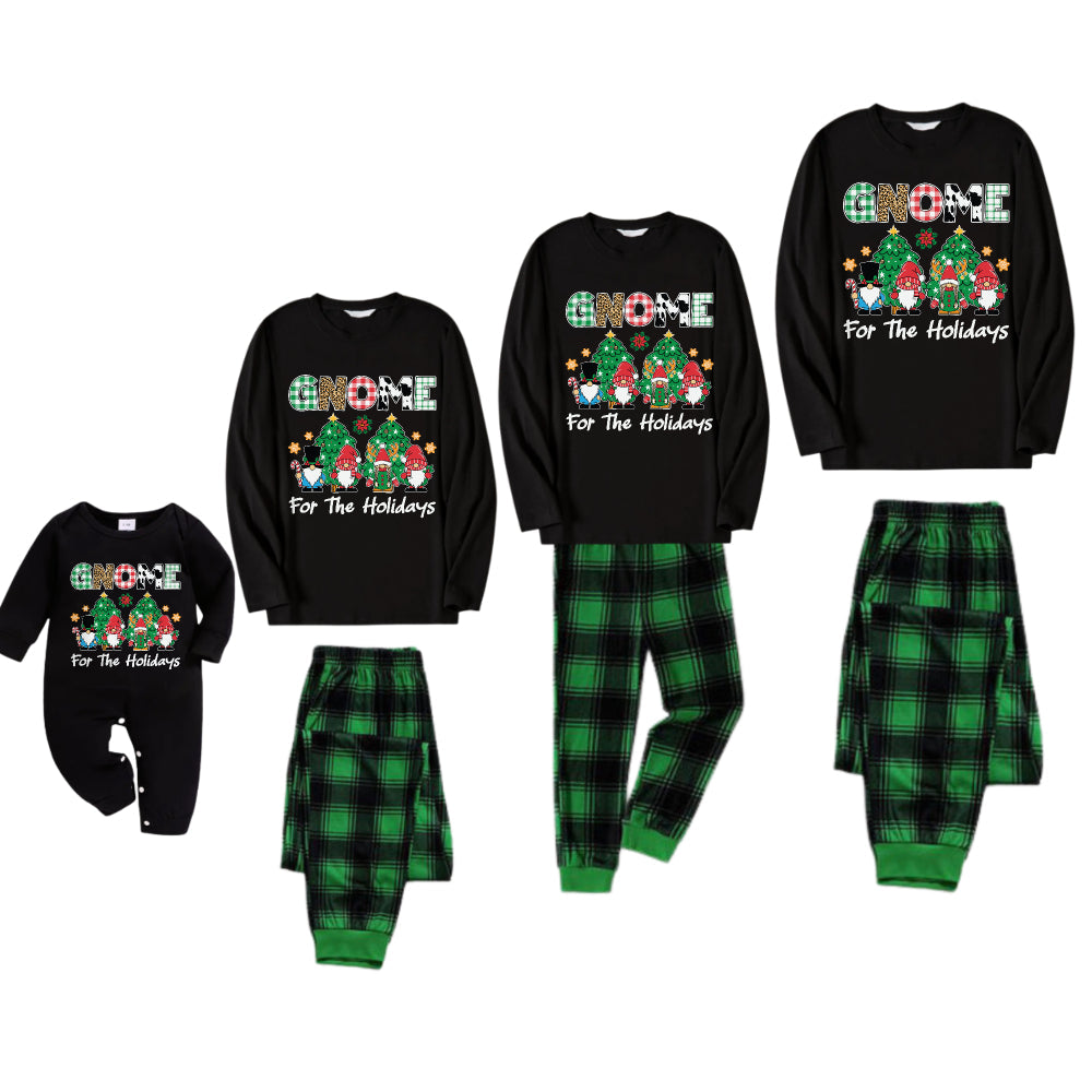 Christmas Family Matching Pajamas-Black Top and Green Plaid Pants Pjs Set with "Gnome For The Holidays" Print