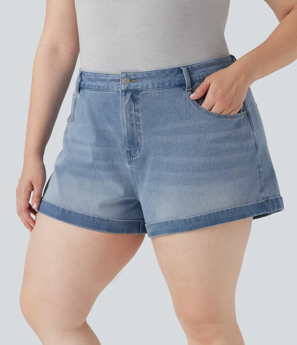 FlexTM Mid Rise Zipper Pockets Denim Casual Plus Size Shorts 3''