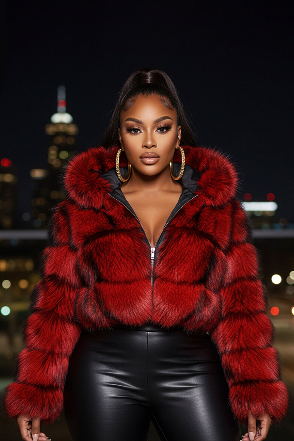 Ombre Faux Fur Zip-Up Hoodie Long Sleeve Crop Jacket-Red