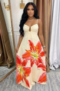 Cami Ruched High Waist Floral A-Line Casual Maxi Dresses-Beige