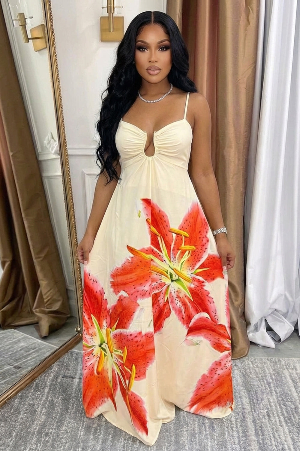 Cami Ruched High Waist Floral A-Line Casual Maxi Dresses-Beige