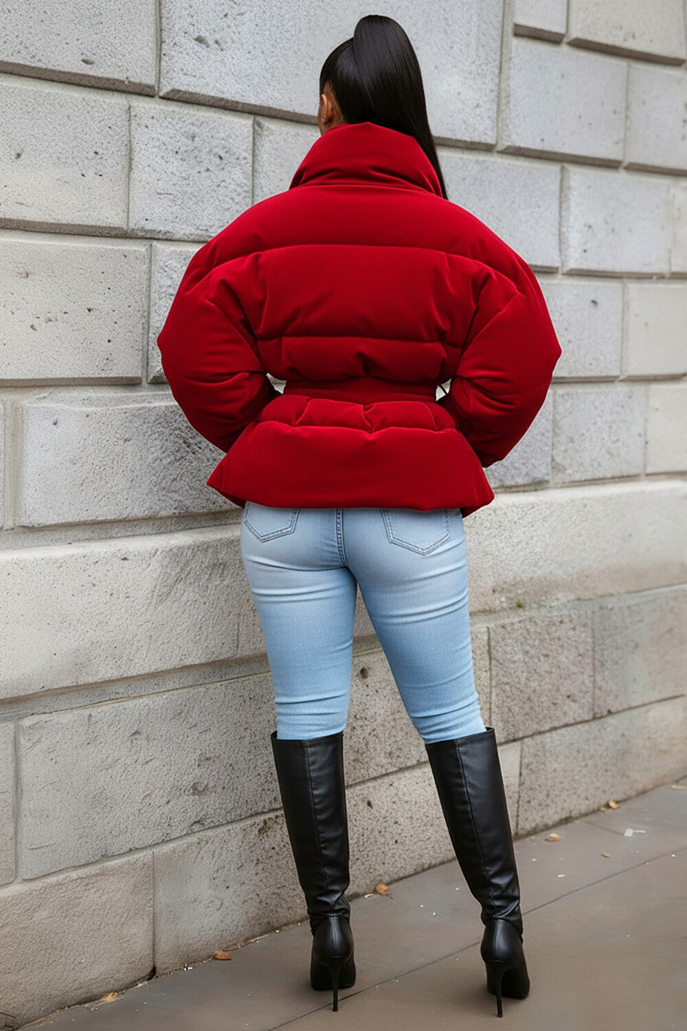 High Neck Long Sleeve Solid Color Crop Padded Coat-Black