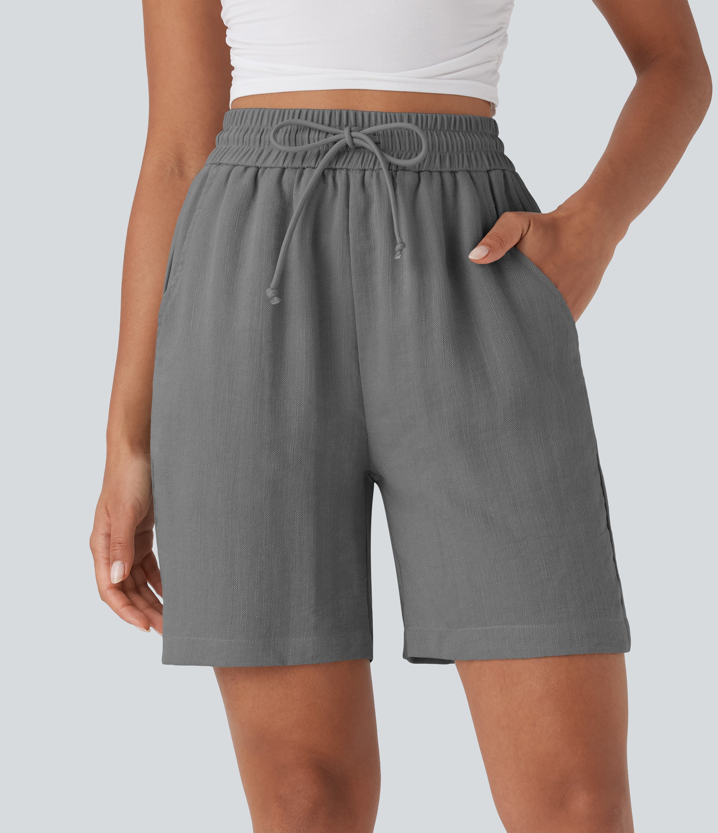 High Waisted Drawstring Casual Linen-Feel Shorts with Pockets