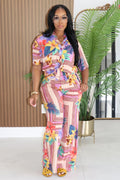 Floral Turndown Collar Top Wide Leg Pants Casual 2pcs Set-Pink
