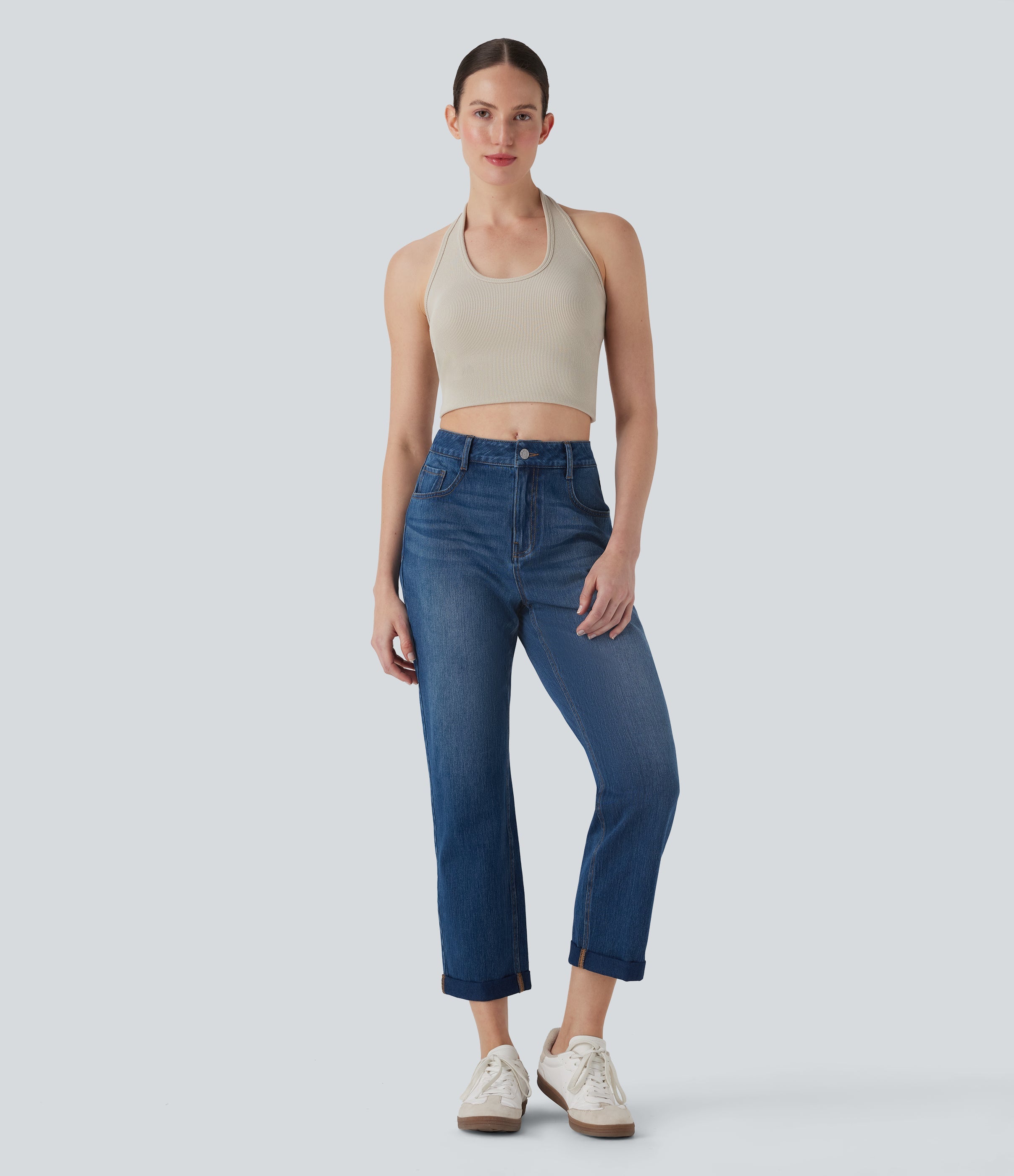 FlexTM Mid Rise Straight Leg Washed Casual Jeans with Pockets