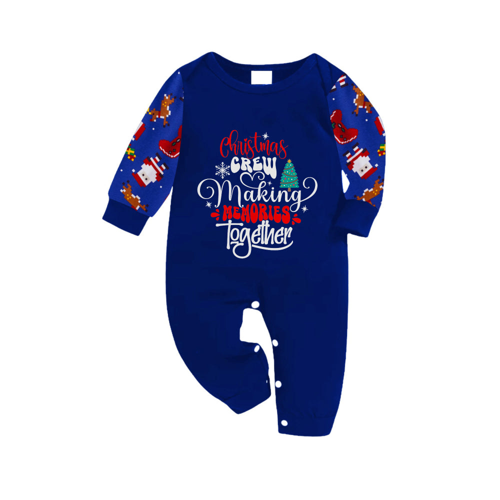 Christmas Family Matching Pajamas-Cozy Blue Pjs Set with "Christmas Crew Making Memories Together"  and Christmas Tree Pattern Print