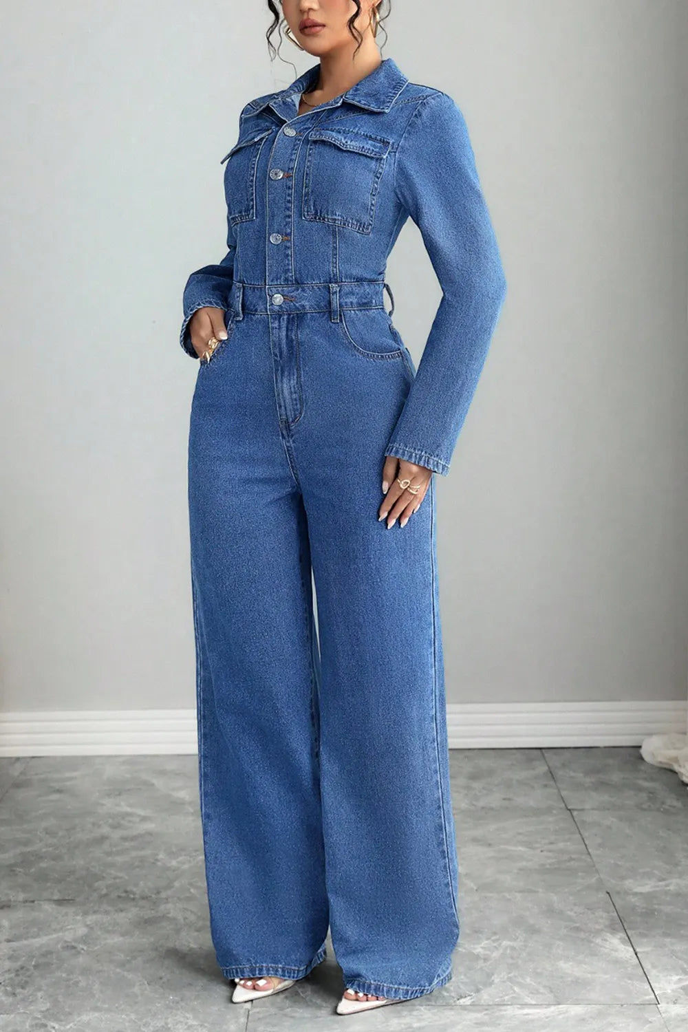 Denim Turndown Collar Long Sleeve Solid Color Wide Leg Casual Jumpsuit-Blue