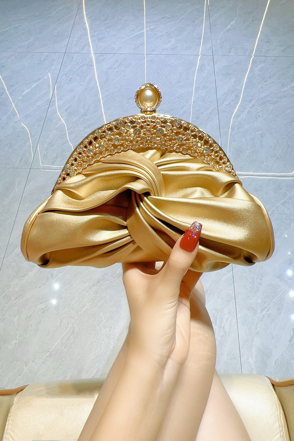 Rhinestone Embellished Ruched PU Leather Evening Clutch Bag
