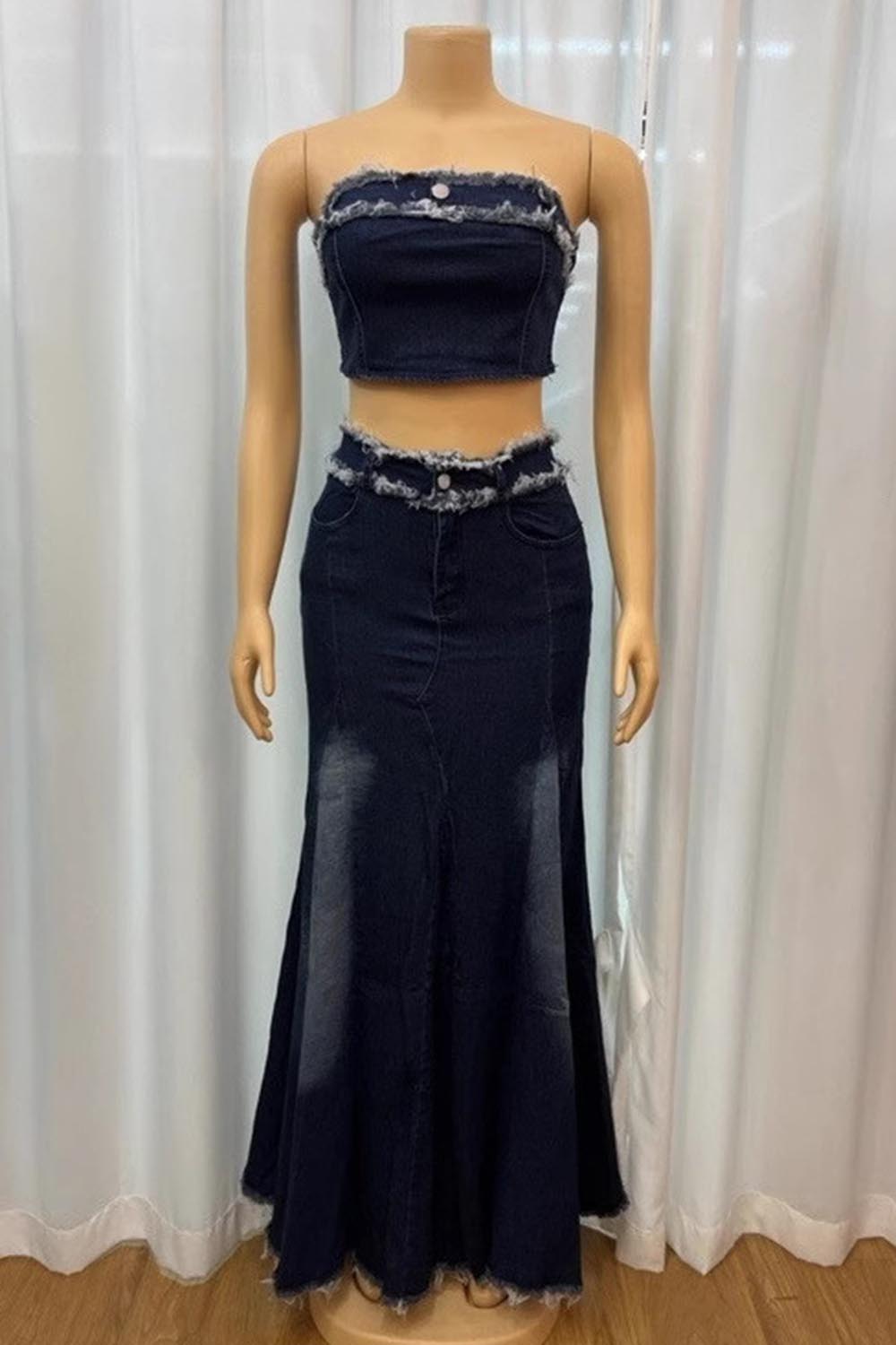 Denim Raw Trim Tube Top High Waist Bodycon Maxi Skirt 2pcs Set-Blue