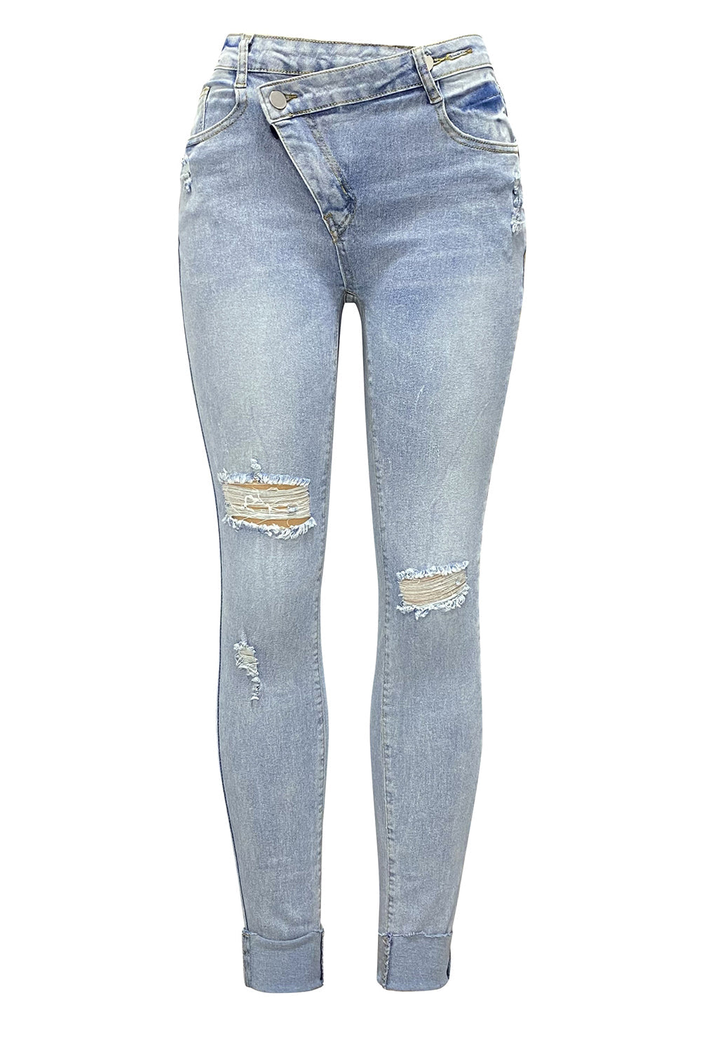 Denim High Waist Ripped Slim Fit Tapered Casual Cuffed Jeans-LightBlue