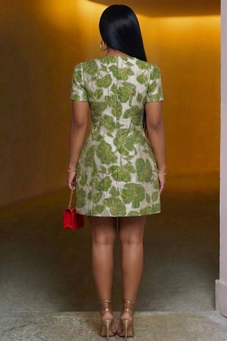 Notch Neck Short Sleeve Leaf Pattern Slim Mini Dresses-Green