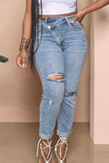 Denim High Waist Ripped Slim Fit Tapered Casual Cuffed Jeans-LightBlue