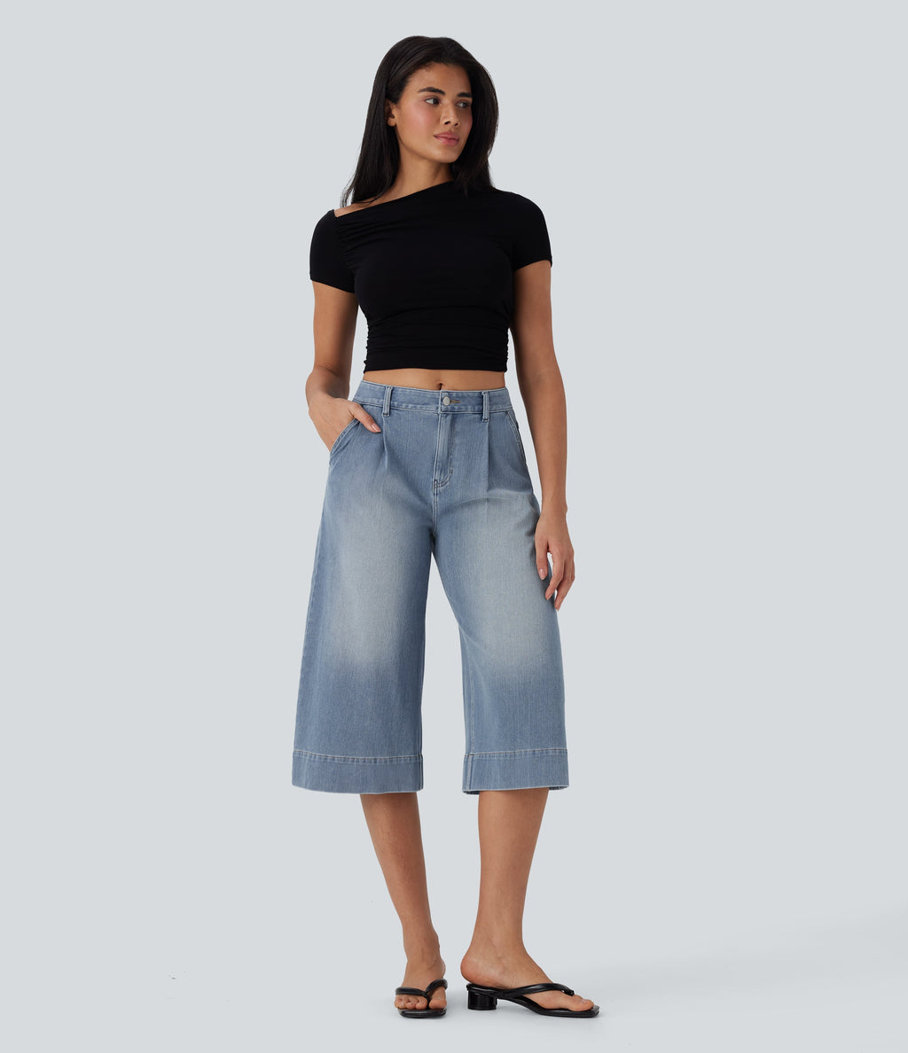 FlexTM Mid Rise Capri Wide Leg Washed Casual Jeans with Pockets