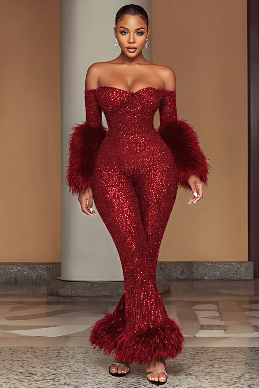 Sequin Off Shoulder Fuzzy Cuff Party Flare Leg Jumpsuit-Black