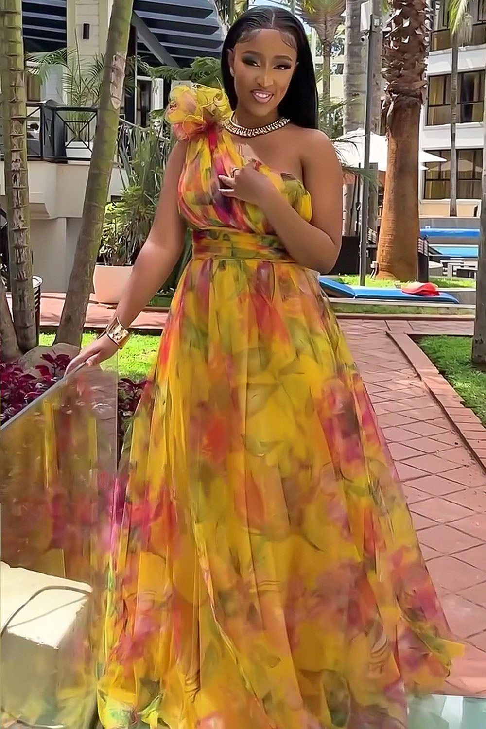 One Shoulder Rosette Floral Print Mesh Party Maxi Dresses-Fuchsia