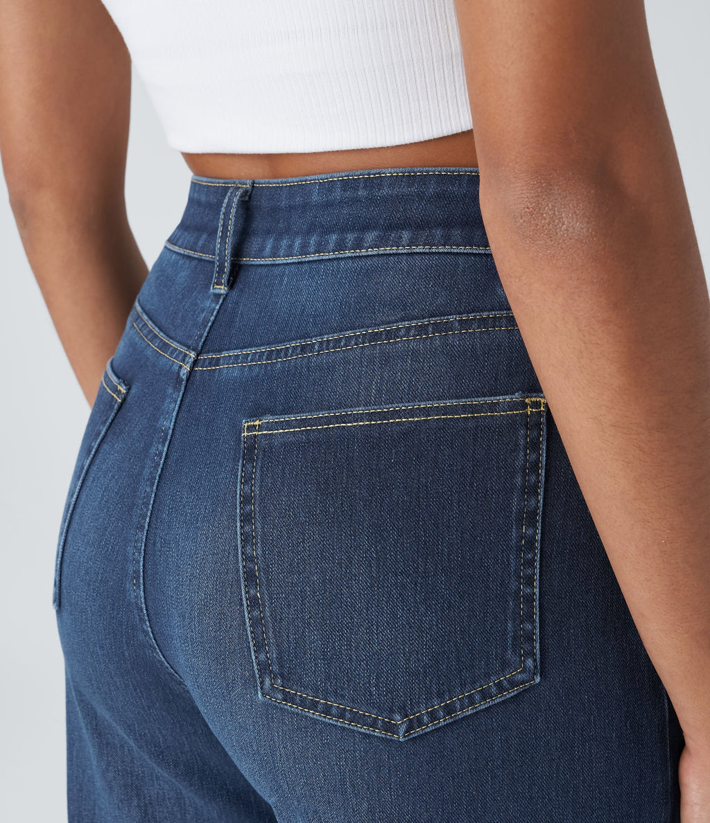 FlexTM High Waisted Multiple Pockets Rolled Hem Wide Leg Washed Stretchy Knit Casual Jeans
