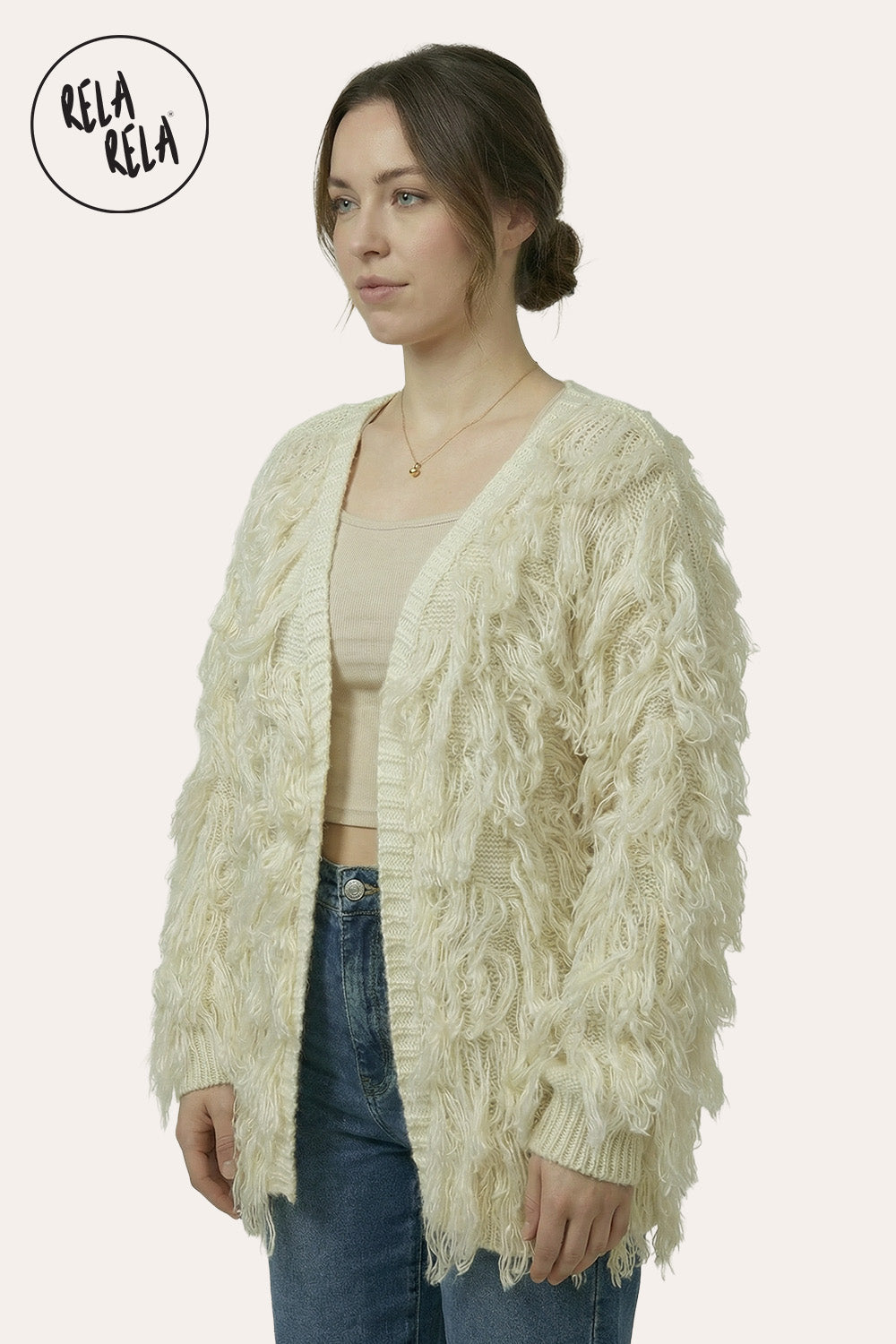 Fringe Decor Long Sleeve Knitted Cardigan in Cream