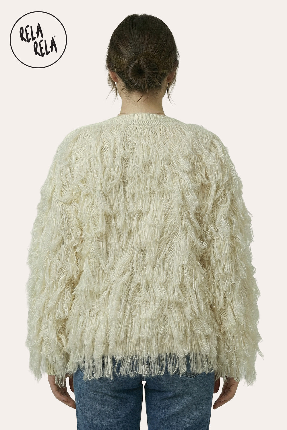 Fringe Decor Long Sleeve Knitted Cardigan in Cream