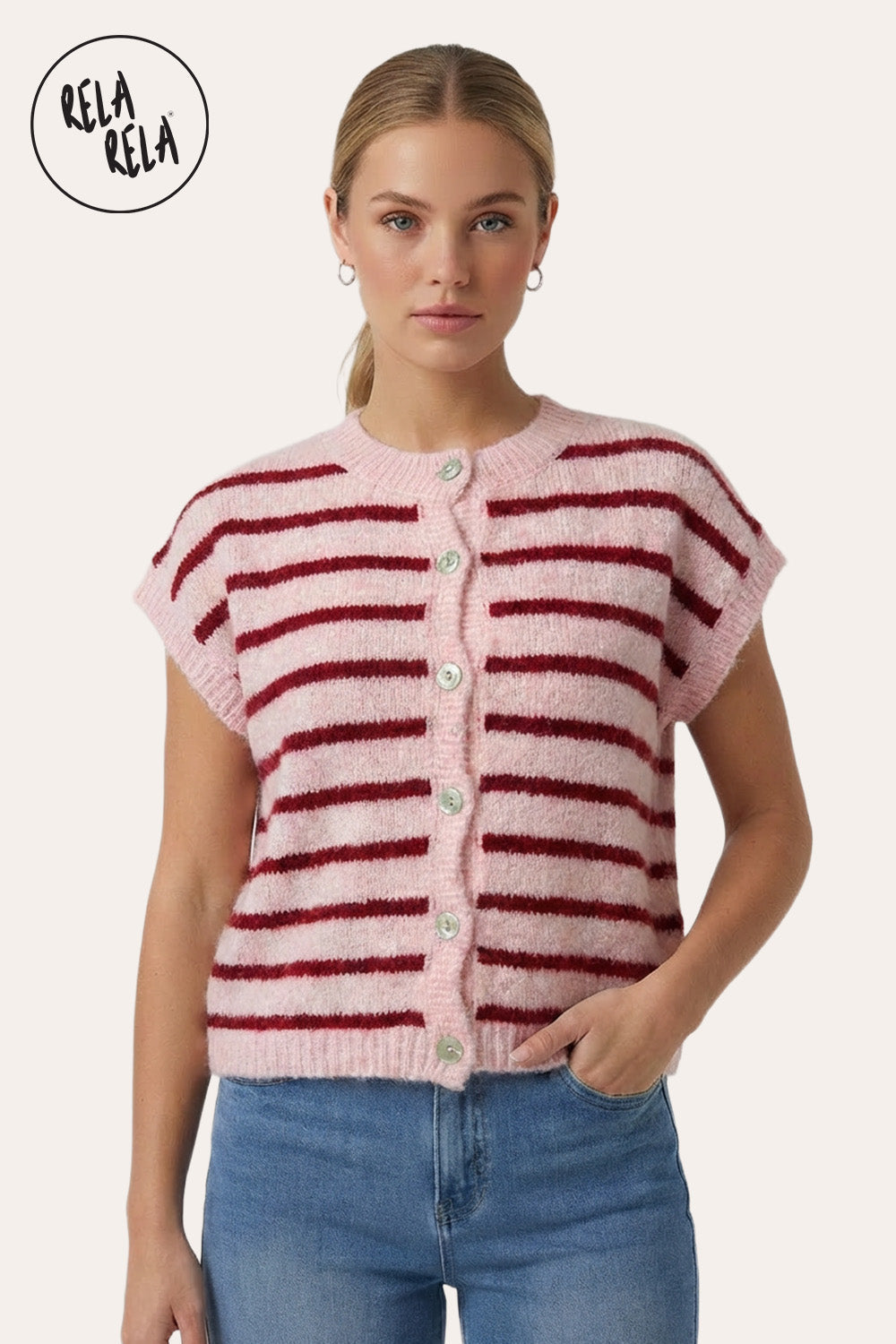 Striped Knitted Sleeveless Jumper Vest with Buttons in Pink/Red