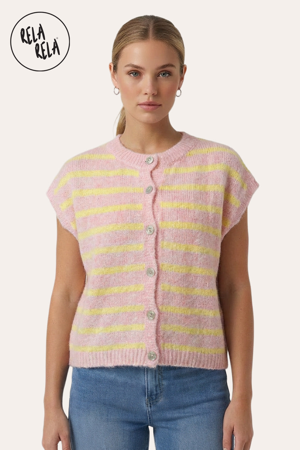 Striped Knitted Sleeveless Jumper Vest with Buttons in Pink/Yellow