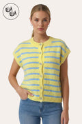 Striped Knitted Sleeveless Jumper Vest with Buttons in Yellow/Blue