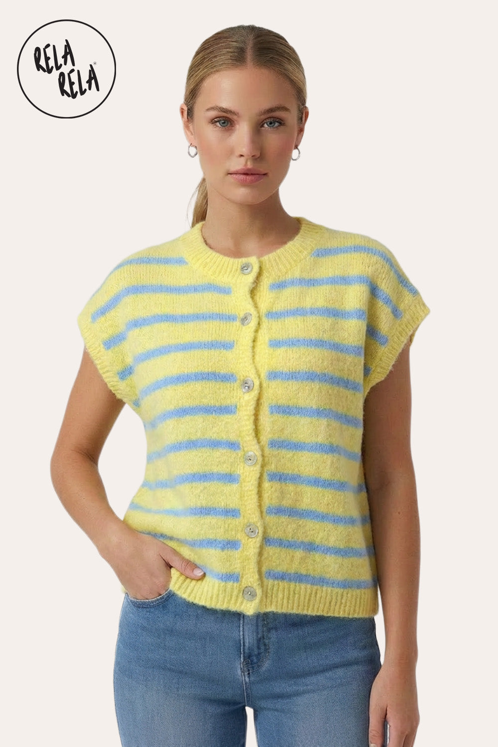 Striped Knitted Sleeveless Jumper Vest with Buttons in Yellow/Blue