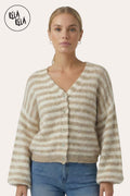 Striped Colour Contrast Lounge Cardigan with Buttons in Beige/Cream