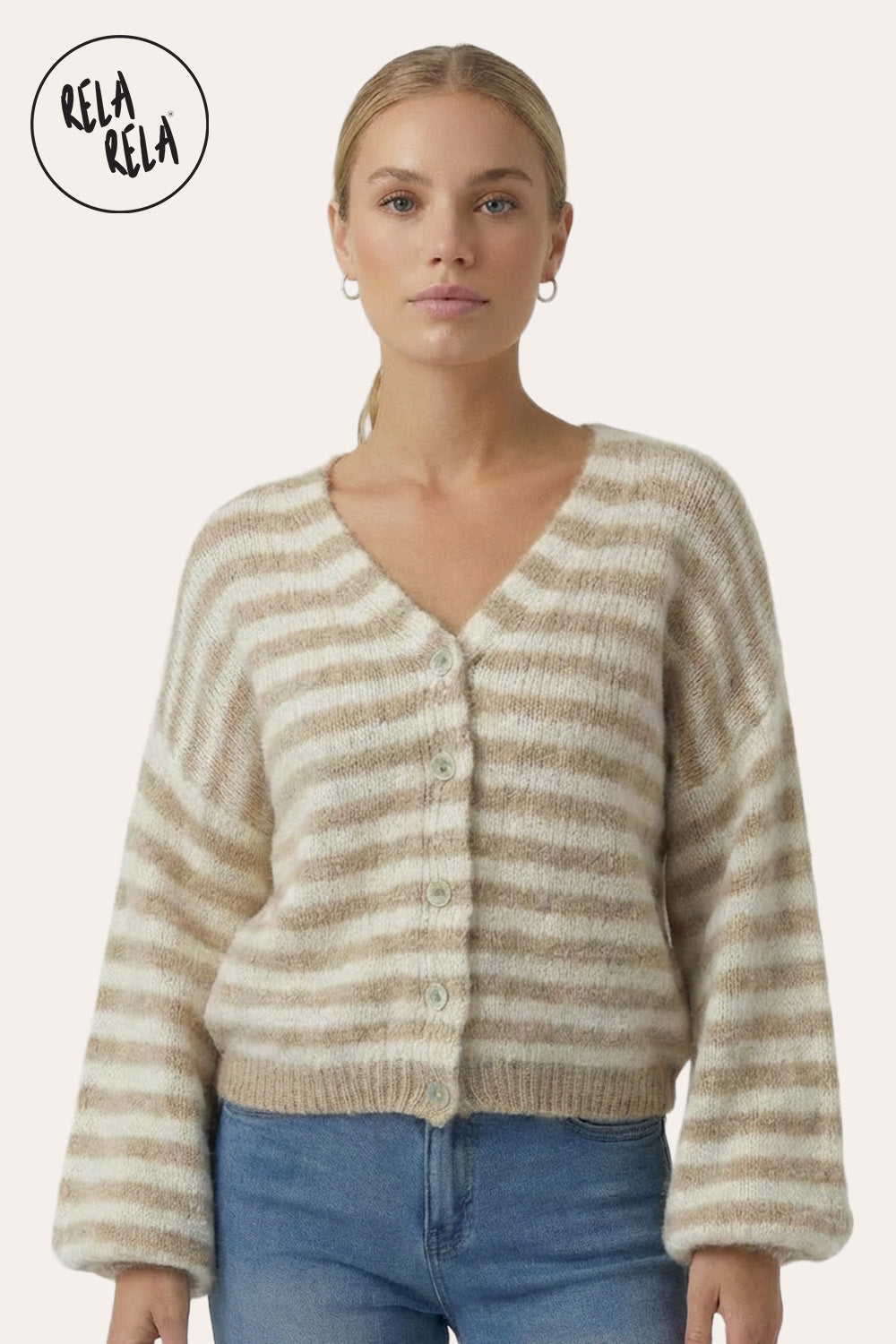Striped Colour Contrast Lounge Cardigan with Buttons in Beige/Cream