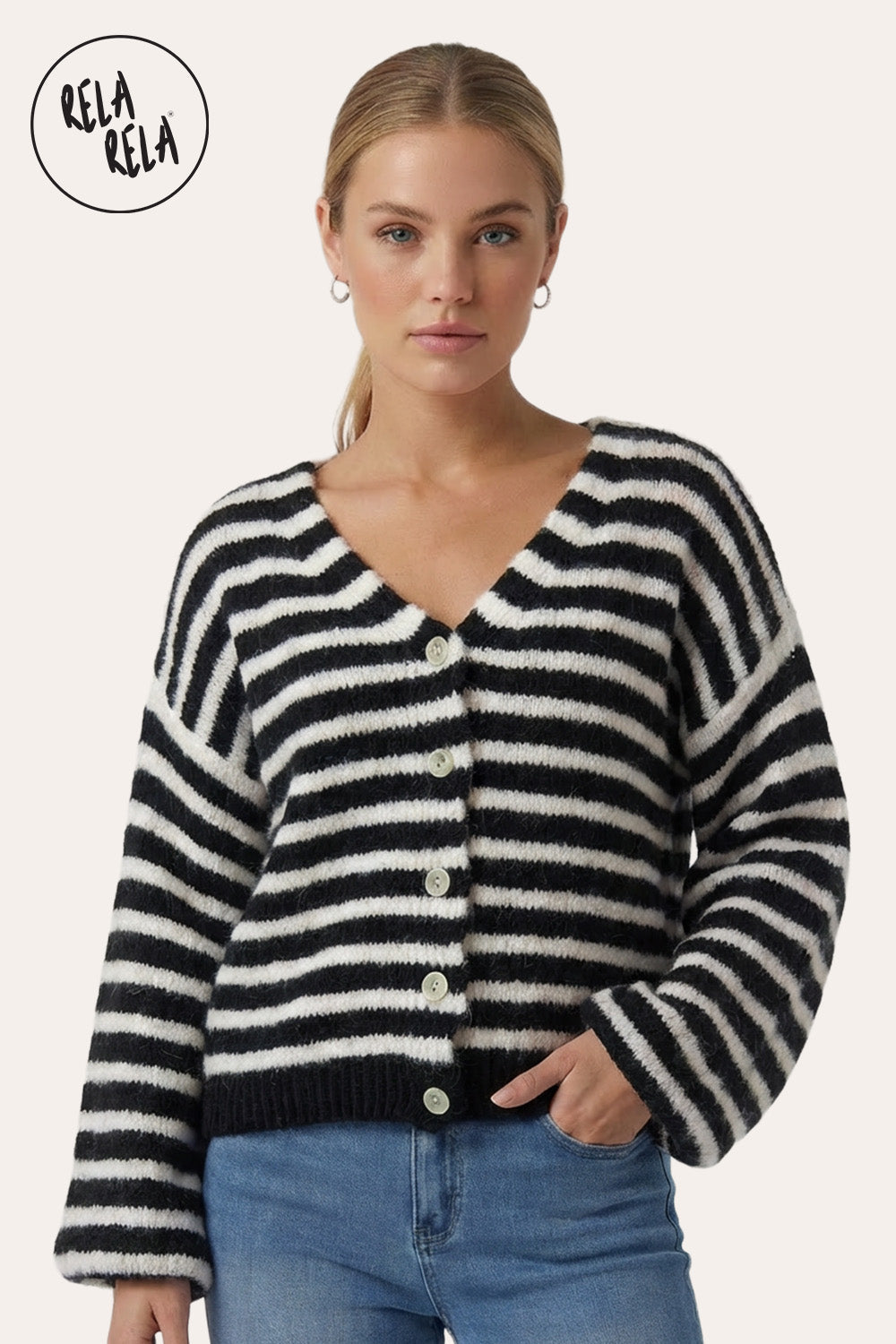Striped Colour Contrast Lounge Cardigan with Buttons in Black/White