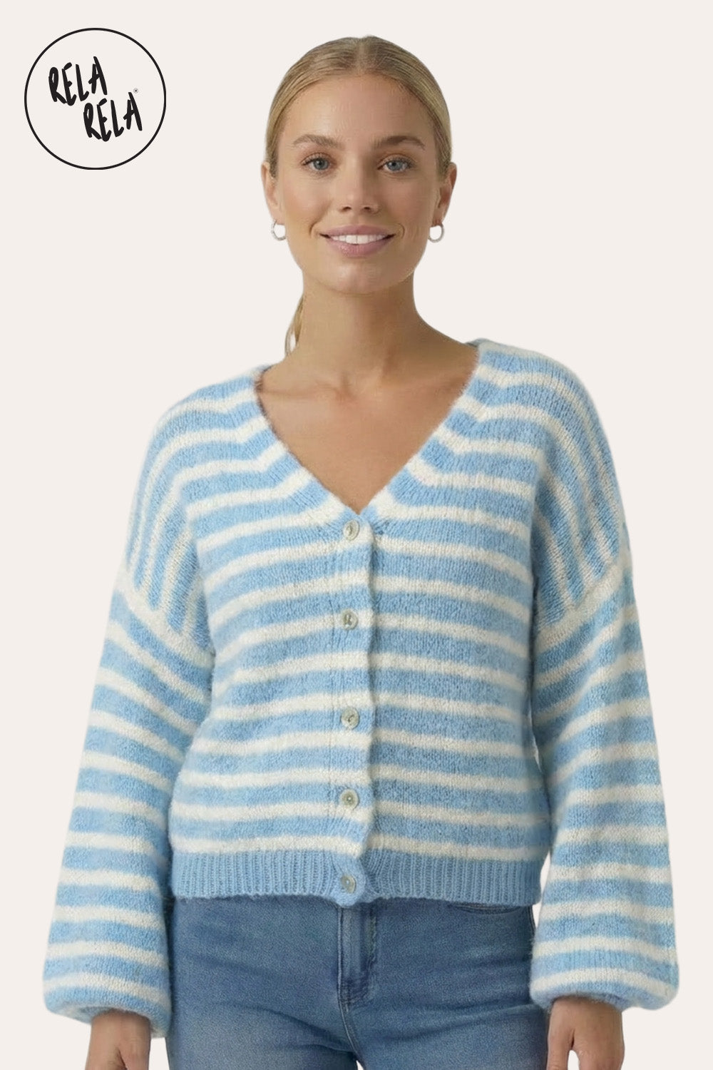Striped Colour Contrast Lounge Cardigan with Buttons in Blue/White
