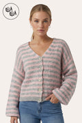 Striped Colour Contrast Lounge Cardigan with Buttons in Grey/Pink