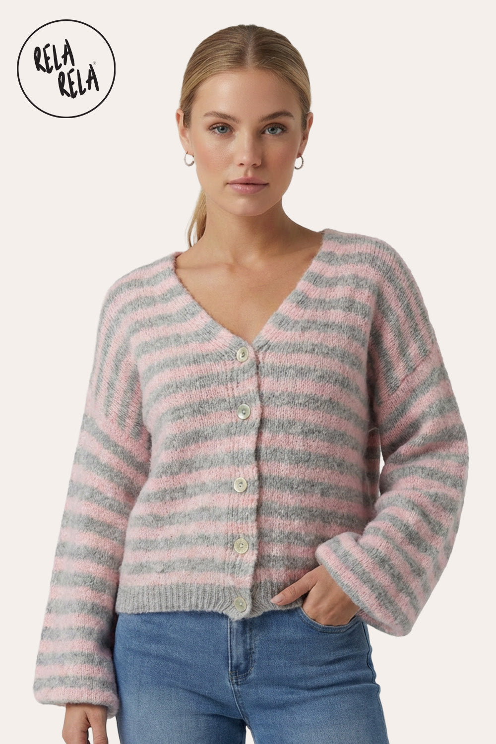Striped Colour Contrast Lounge Cardigan with Buttons in Grey/Pink