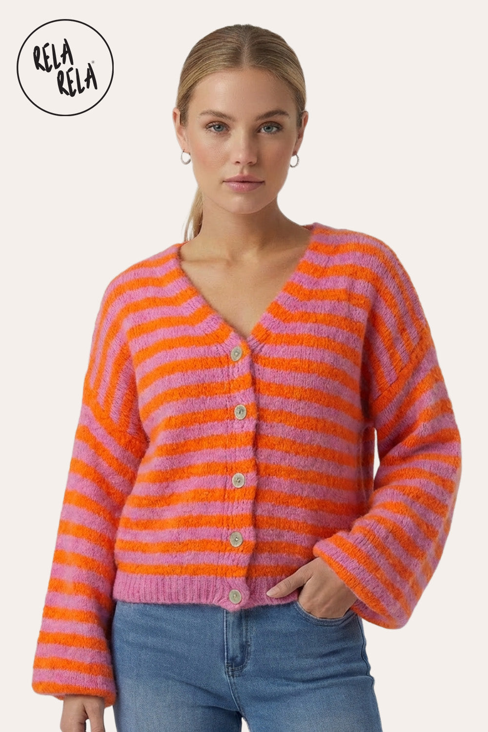Striped Colour Contrast Lounge Cardigan with Buttons in Orange/Pink