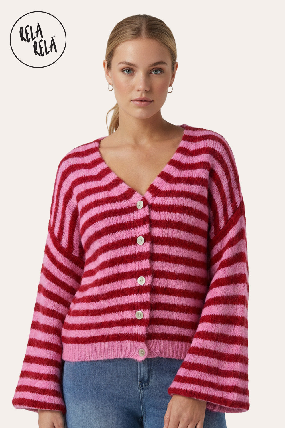 Striped Colour Contrast Lounge Cardigan with Buttons in Red/Pink