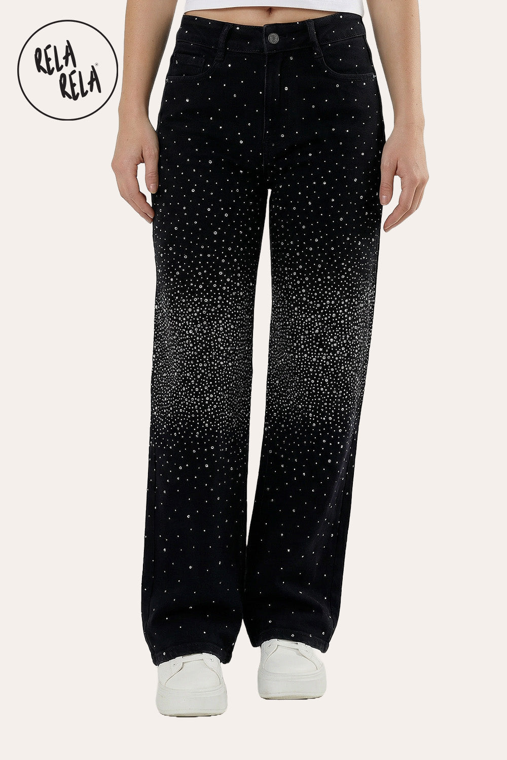 Sparkle Wide Leg Denim Jeans with Rhinestones in Black