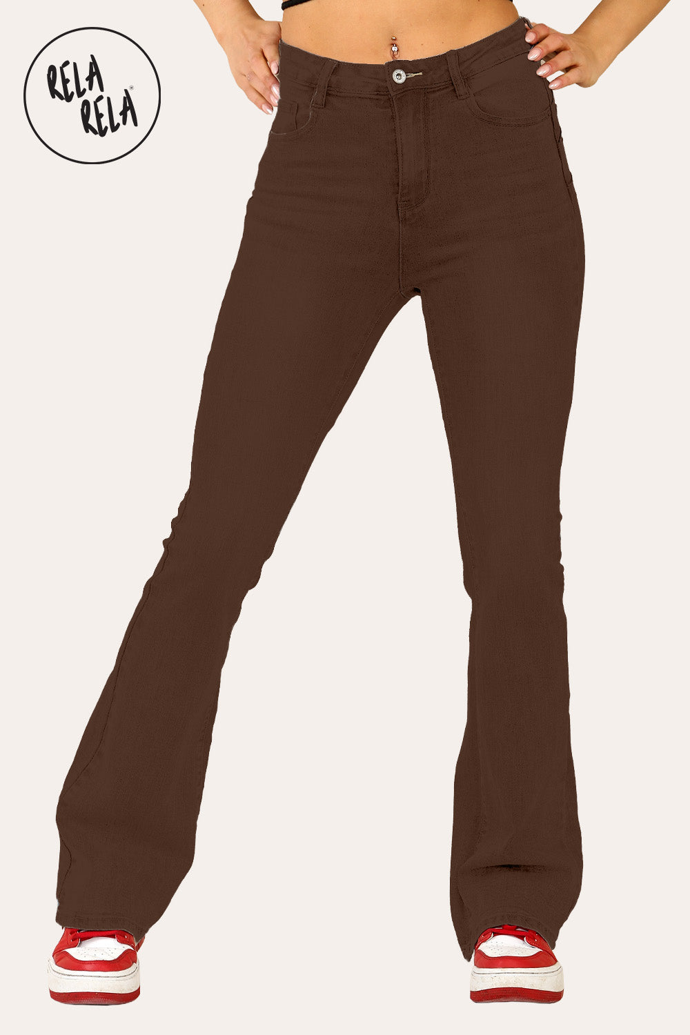 Flared Stretchy Pull On Jeans in Chocolate