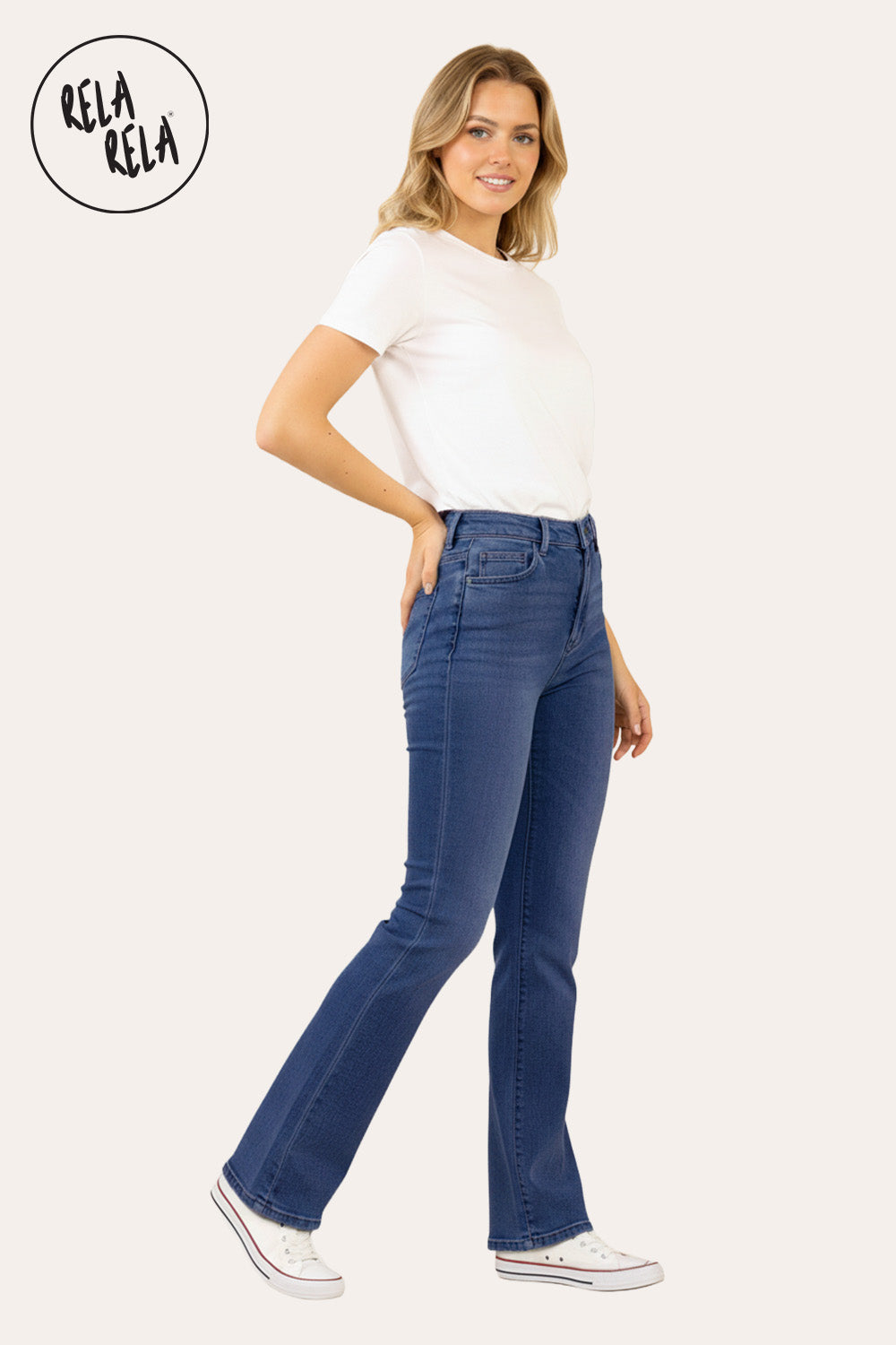 Flared Stretchy Pull On Jeans in Indigo Blue