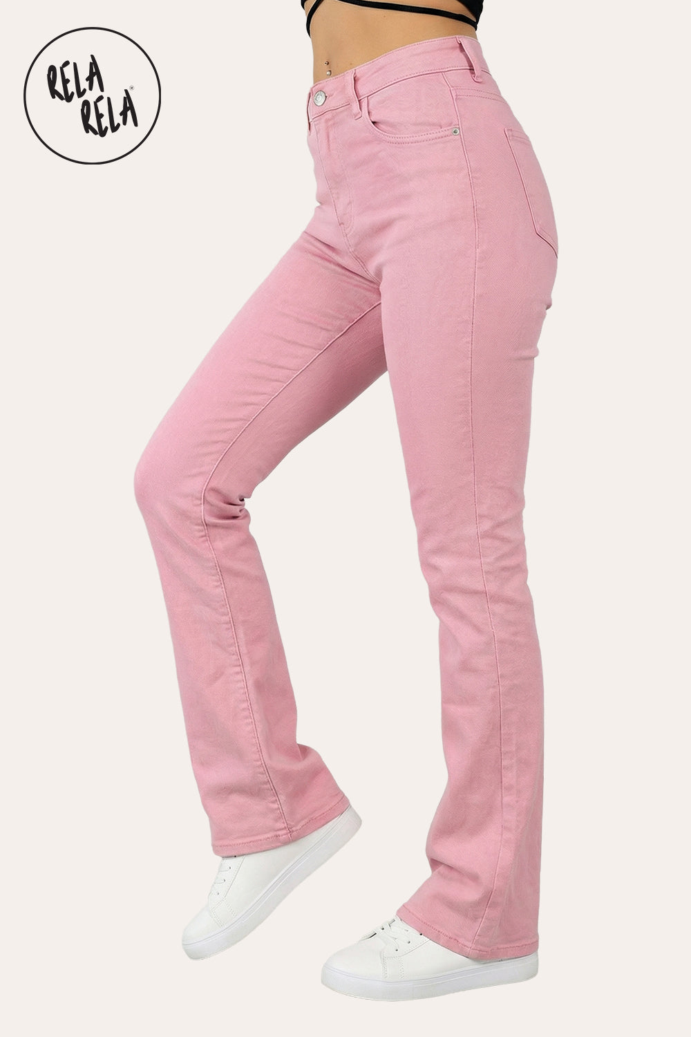 Flared Stretchy Pull On Jeans in Pink