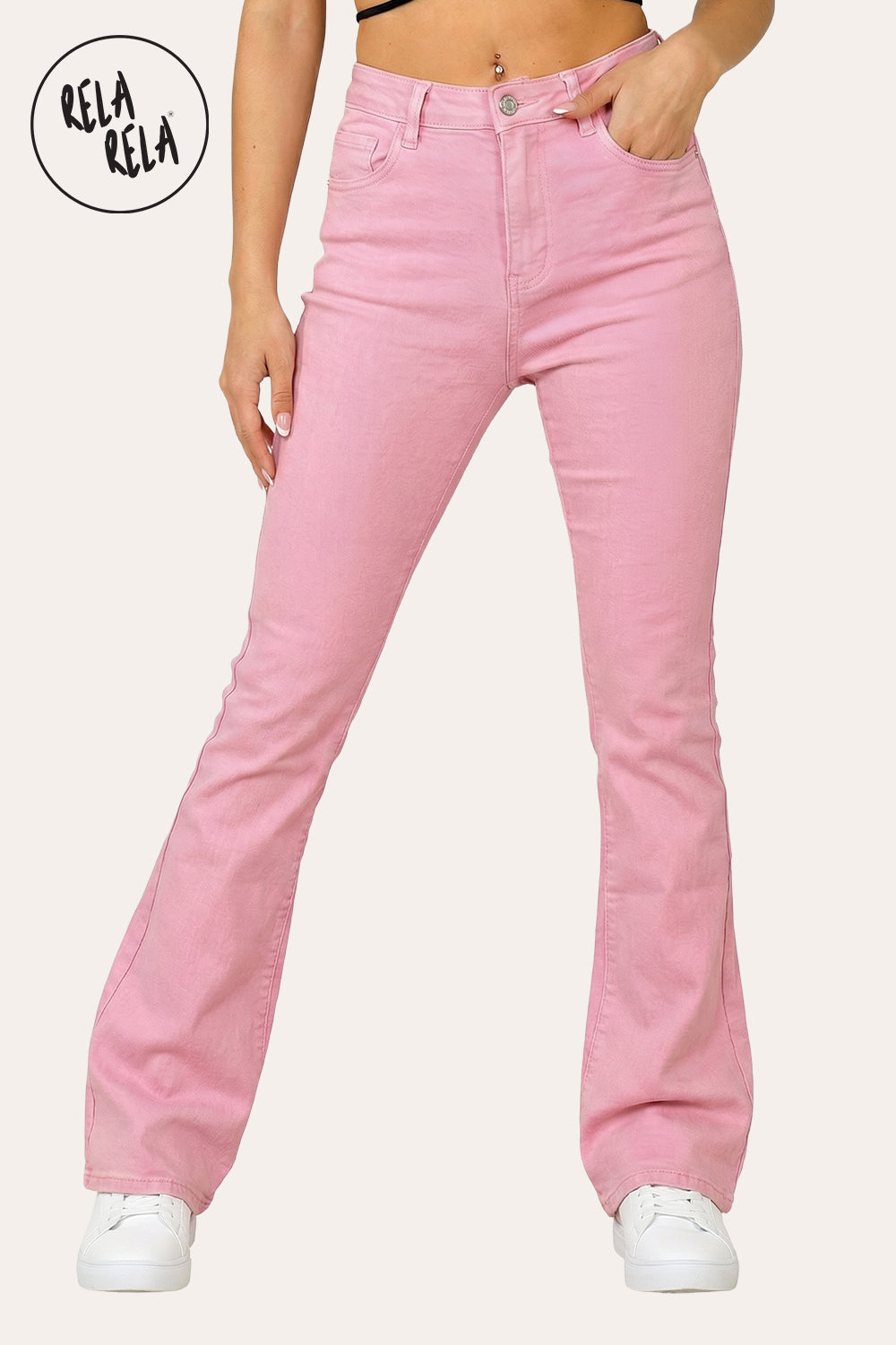 Flared Stretchy Pull On Jeans in Pink