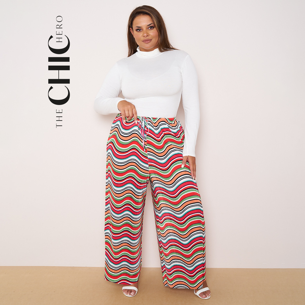 Multi Abstract Print Wide-Leg Drawstring Palazzo Pleated Pants
