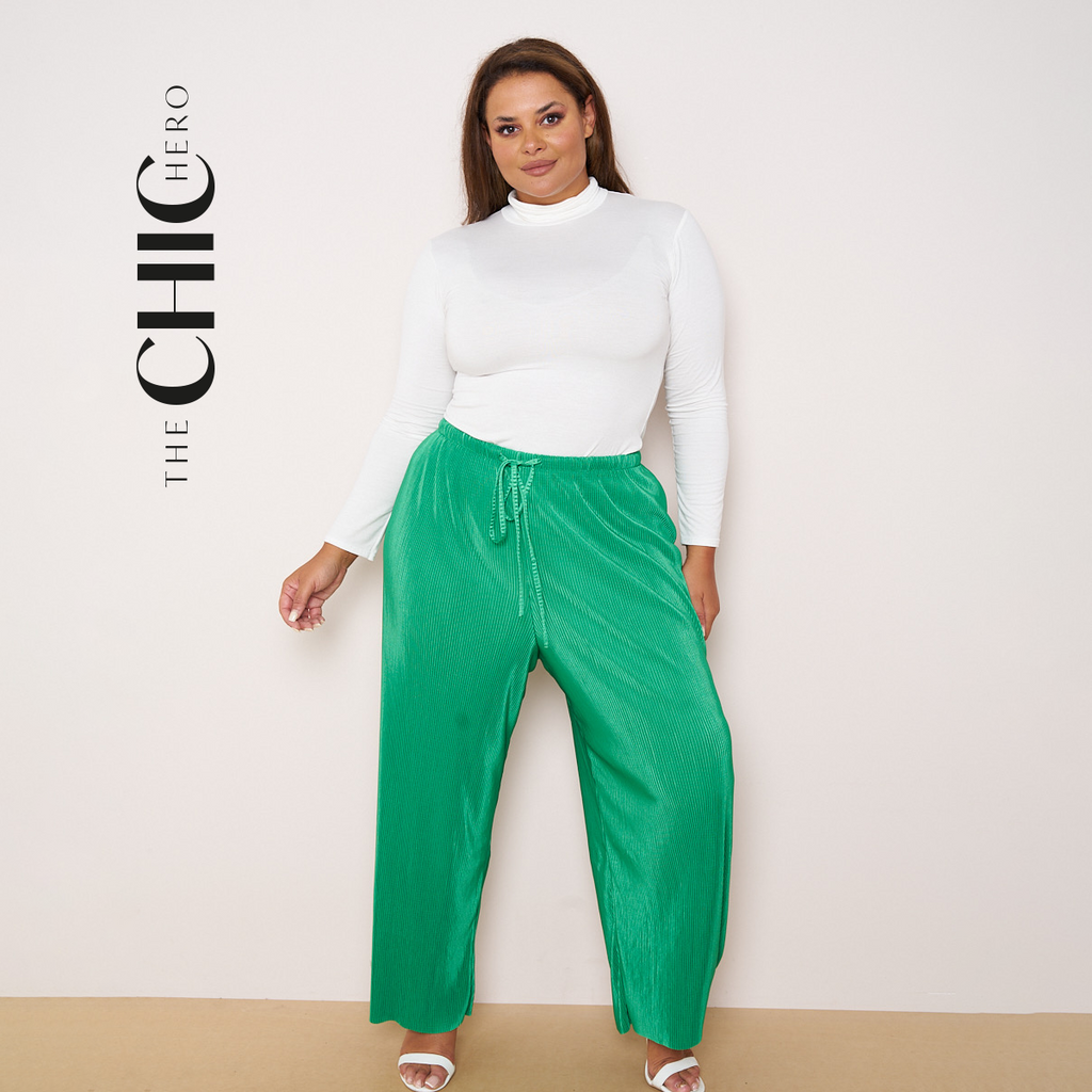 Green Wide-Leg Drawstring Pants Palazzo Pleated Pants