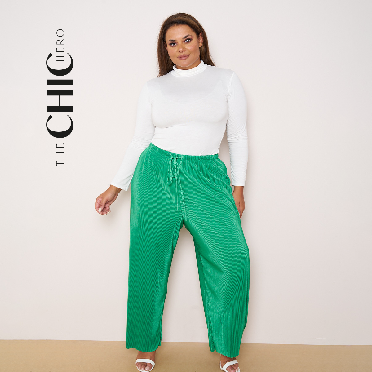 Green Wide-Leg Drawstring Pants Palazzo Pleated Pants