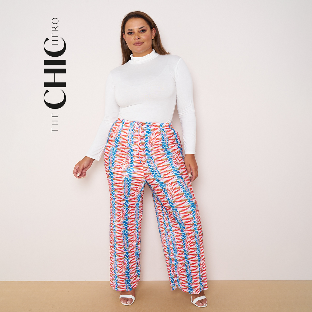 Curved Stripes Abstract Print Wide-Leg Drawstring Palazzo Pleated Pants