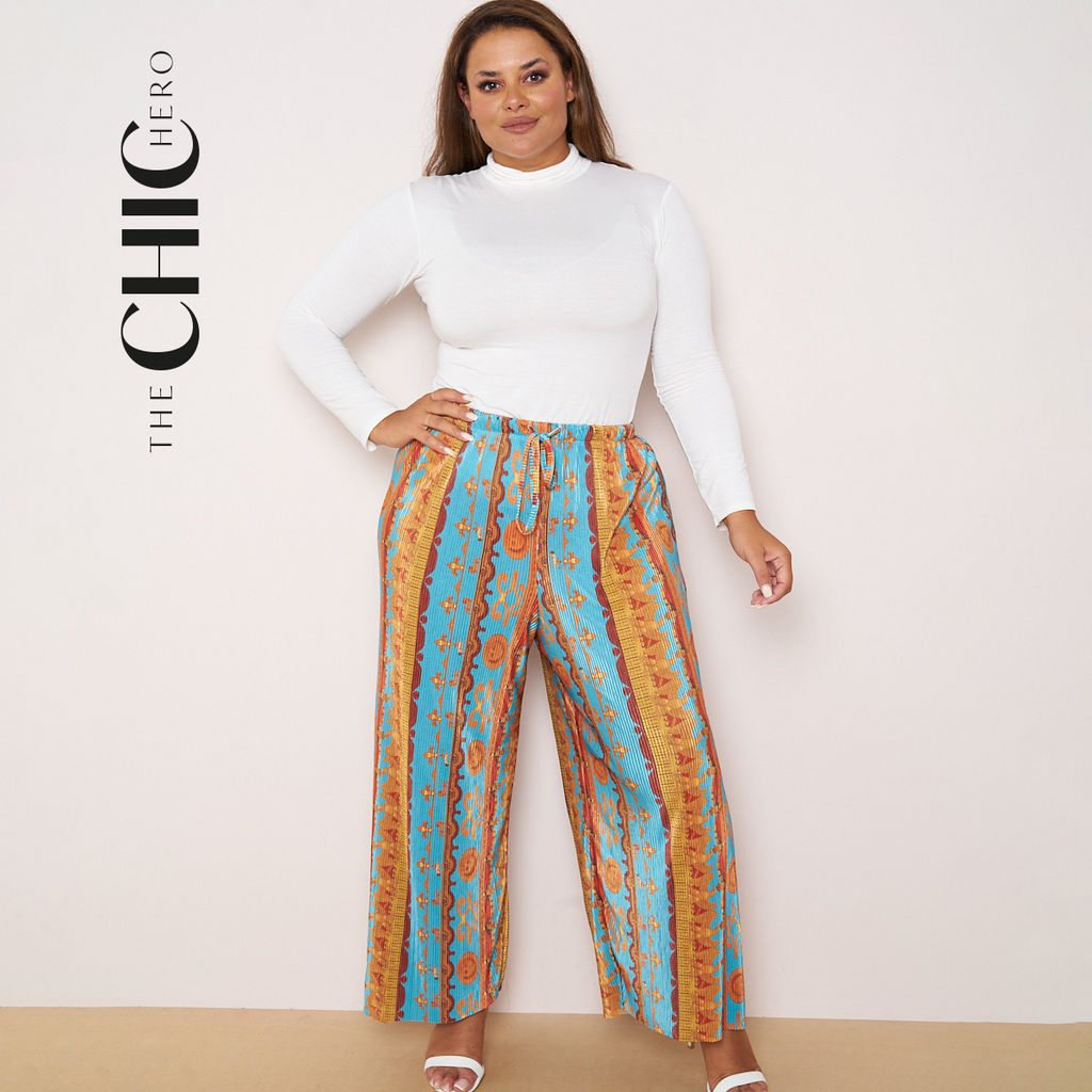 Bohemian Abstract Print Wide-Leg Drawstring Palazzo Pleated Pants
