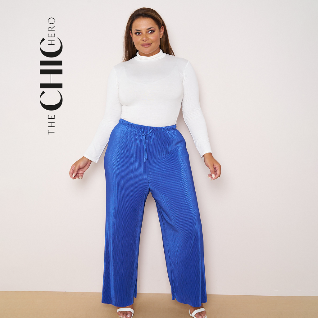 Blue Color Wide-Leg Drawstring Palazzo Pleated Pants