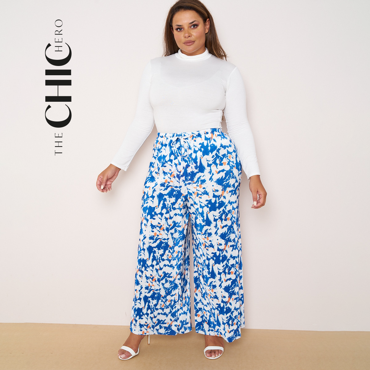 Blue Abstract Print Wide-Leg Drawstring Palazzo Pleated Pants