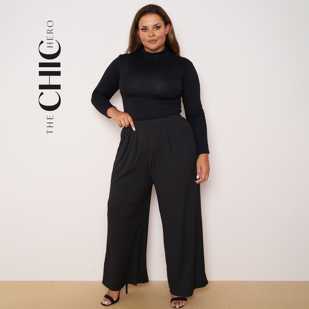 Black Wide-Leg Drawstring Pants Palazzo Pleated Pants PLUS(2XL-3XL)